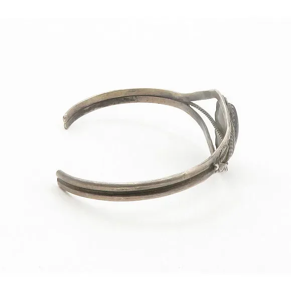 NAVAJO 925 Sterling Silver Vintage Black Onyx Floral Cuff Bracelet BT6000